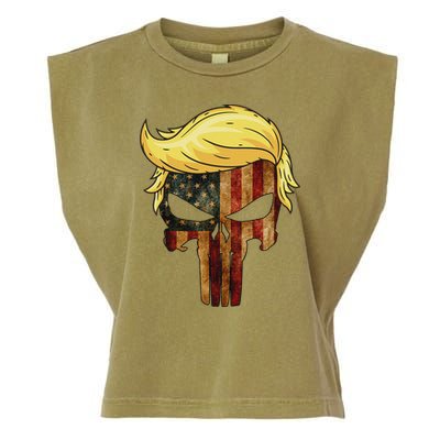 Skull With Iconic Trump Hair American Flag Garment-Dyed Women's Muscle Tee