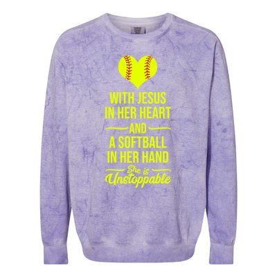 Softball With Jesus In Her Heart Softball Pitcher Cute Gift Colorblast Crewneck Sweatshirt