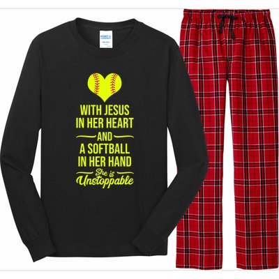 Softball With Jesus In Her Heart Softball Pitcher Cute Gift Long Sleeve Pajama Set