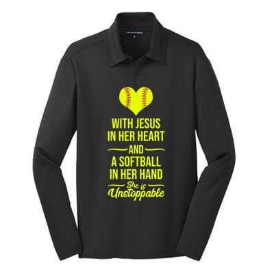 Softball With Jesus In Her Heart Softball Pitcher Cute Gift Silk Touch Performance Long Sleeve Polo