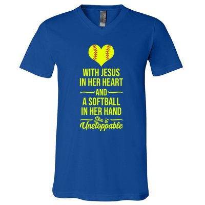 Softball With Jesus In Her Heart Softball Pitcher Cute Gift V-Neck T-Shirt