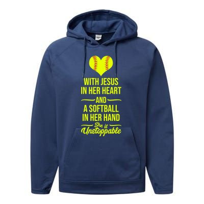 Softball With Jesus In Her Heart Softball Pitcher Cute Gift Performance Fleece Hoodie