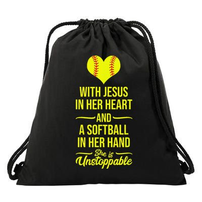 Softball With Jesus In Her Heart Softball Pitcher Drawstring Bag