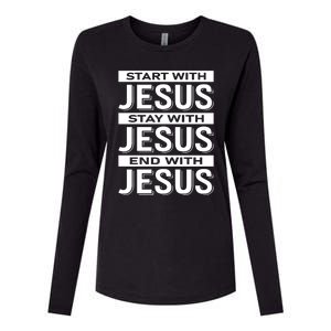 Start With Jesus Stay With End With Womens Cotton Relaxed Long Sleeve T-Shirt