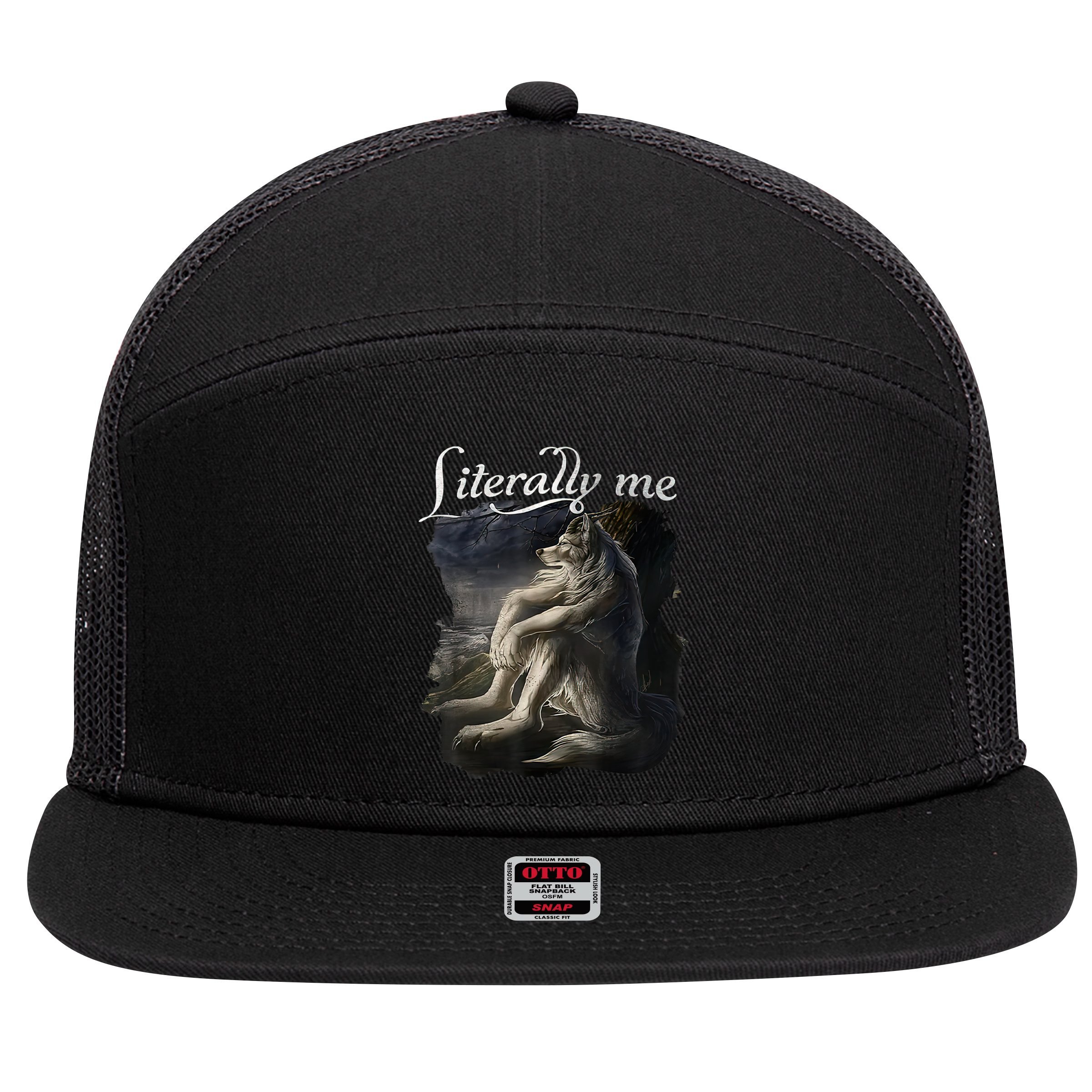 Sitting Wolf Literally Me Funny Meme 7 Panel Mesh Trucker Snapback Hat