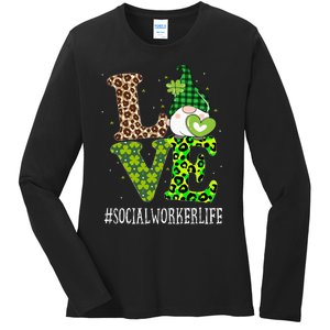 Social Worker Love St Patricks Day Gnome Leopard  Ladies Long Sleeve Shirt