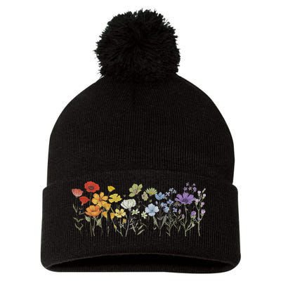 Subtle Wildflowers Lgbtq Month Rainbow Florals Pom Pom 12in Knit Beanie