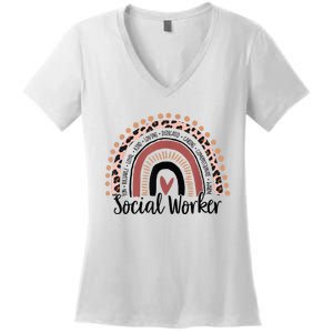 Social Worker Leopard Rainbow Social Work Christmas Pajama Women's V-Neck T-Shirt