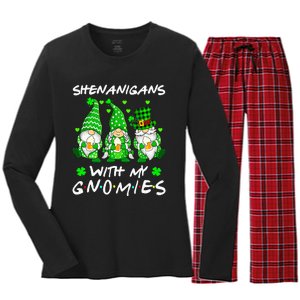 Shenanigans With My Gnomies Shamrock Happy St Patricks Day Women's Long Sleeve Flannel Pajama Set 