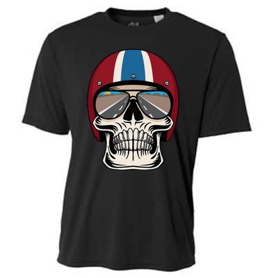 Skull Wearing Motorcycle Helmet And Sunglasses Cooling Performance Crew T-Shirt