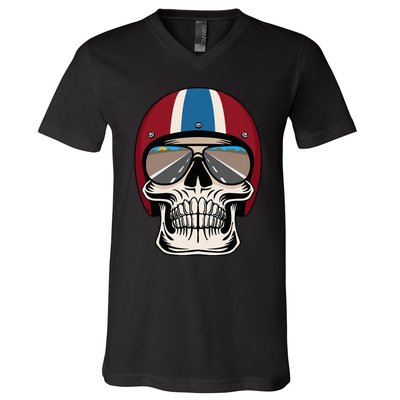 Skull Wearing Motorcycle Helmet And Sunglasses V-Neck T-Shirt