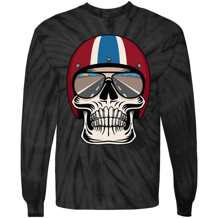 Skull Wearing Motorcycle Helmet And Sunglasses Tie-Dye Long Sleeve Shirt