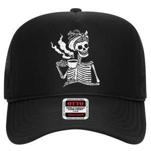 Skeleton Woman Mom Bun Coffee Funny Halloween Costume Women High Crown Mesh Back Trucker Hat