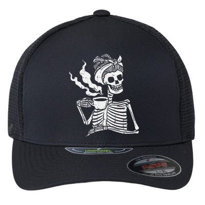 Skeleton Woman Mom Bun Coffee Funny Halloween Costume Women Flexfit Unipanel Trucker Cap