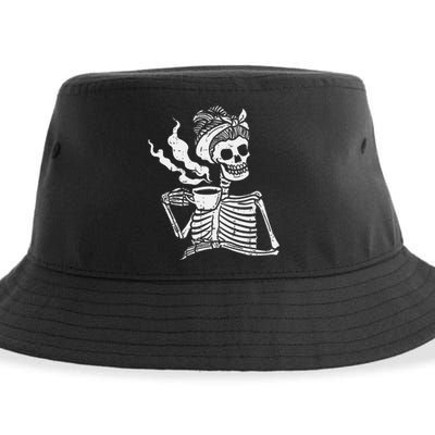 Skeleton Woman Mom Bun Coffee Funny Halloween Costume Women Sustainable Bucket Hat