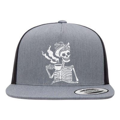 Skeleton Woman Mom Bun Coffee Funny Halloween Costume Women Flat Bill Trucker Hat