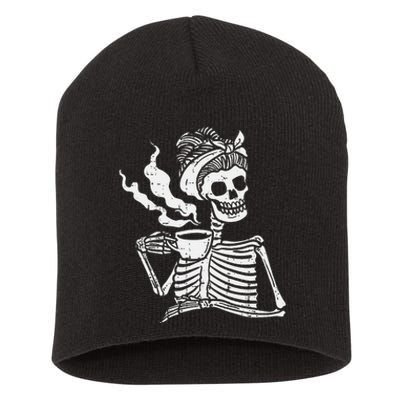 Skeleton Woman Mom Bun Coffee Funny Halloween Costume Women Short Acrylic Beanie