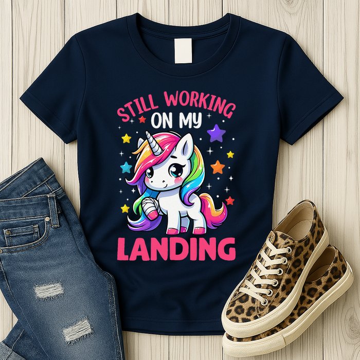 Still Working On My Landing Injury Broken Arm Cute Unicorn Womens T-Shirt