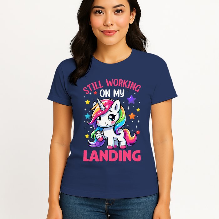 Still Working On My Landing Injury Broken Arm Cute Unicorn Womens T-Shirt