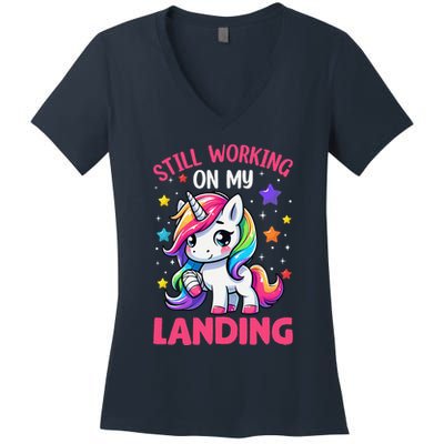 Still Working On My Landing Injury Broken Arm Cute Unicorn Women's V-Neck T-Shirt