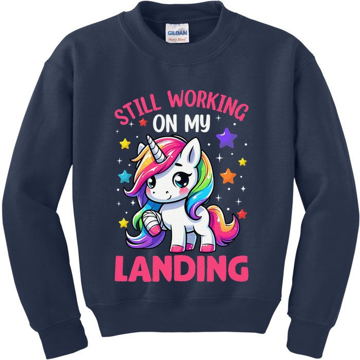 Still Working On My Landing Injury Broken Arm Cute Unicorn Kids Sweatshirt