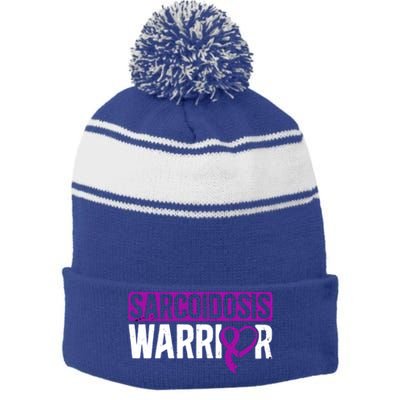 Sarcoidosis Warrior Purpe Ribbon Awareness Month Support Gift Stripe Pom Pom Beanie