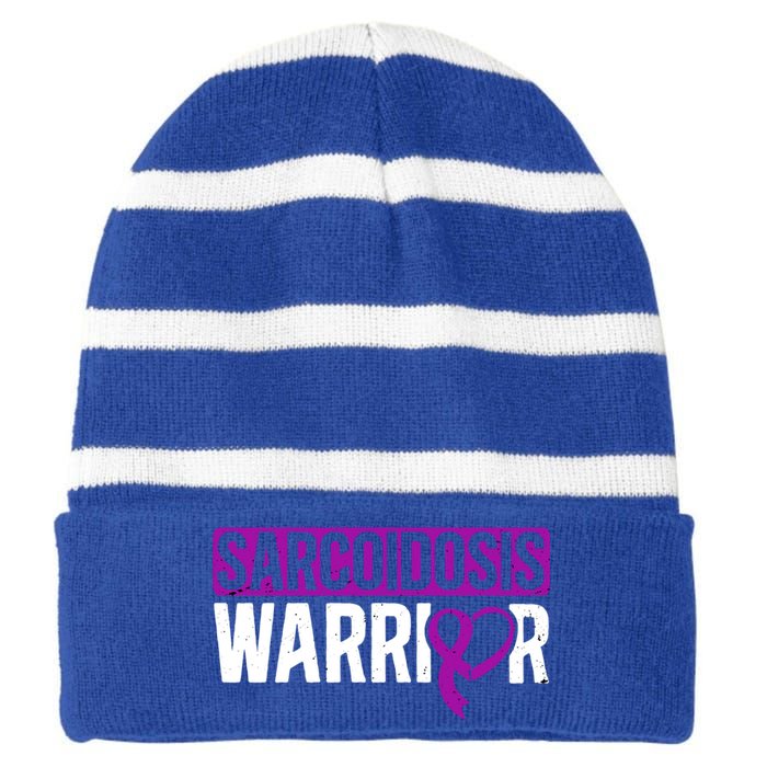 Sarcoidosis Warrior Purpe Ribbon Awareness Month Support Gift Striped Beanie with Solid Band