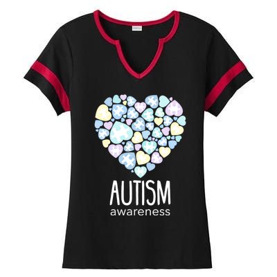 Support With Puzzle Hearts Love Autism Awareness Gift Ladies Halftime Notch Neck Tee