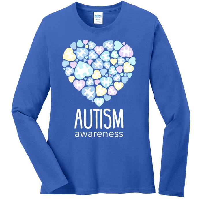 Support With Puzzle Hearts Love Autism Awareness Gift Ladies Long Sleeve Shirt