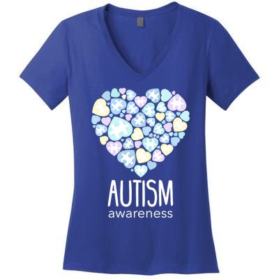 Support With Puzzle Hearts Love Autism Awareness Gift Women's V-Neck T-Shirt