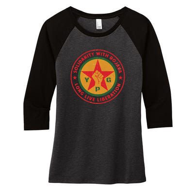 Solidarity With Rojava | Long Live Liberation | YPG Women's Tri-Blend 3/4-Sleeve Raglan Shirt