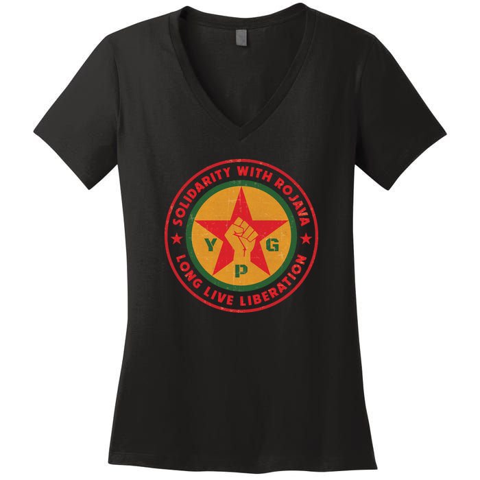 Solidarity With Rojava | Long Live Liberation | YPG Women's V-Neck T-Shirt