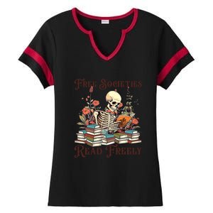 Strong Woman Reads Books Free Societies Read Freely Books Ladies Halftime Notch Neck Tee