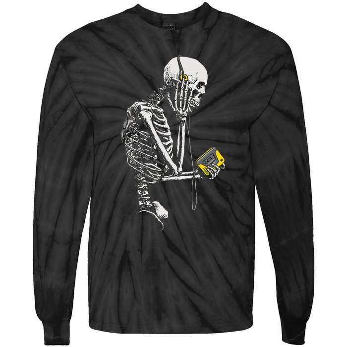 Skeleton With Retro Headphones Music Cassette Player Tie-Dye Long Sleeve Shirt