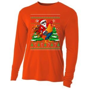 Santa With Rooster Christmas Tree Farmer Ugly Xmas Sweater Gift Cooling Performance Long Sleeve Crew