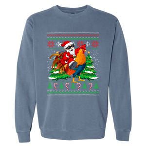 Santa With Rooster Christmas Tree Farmer Ugly Xmas Sweater Gift Garment-Dyed Sweatshirt