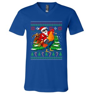 Santa With Rooster Christmas Tree Farmer Ugly Xmas Sweater Gift V-Neck T-Shirt