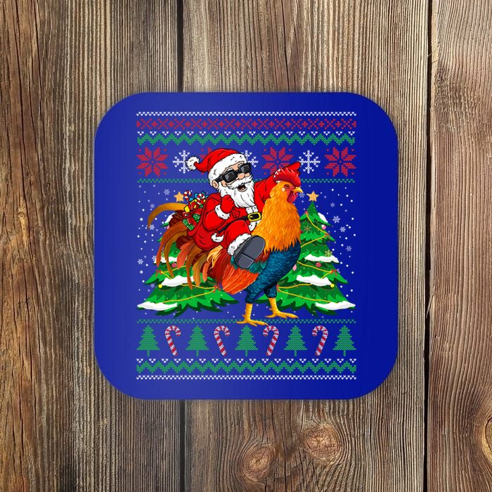 Santa With Rooster Christmas Tree Farmer Ugly Xmas Sweater Gift Coaster