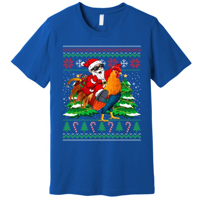 Santa With Rooster Christmas Tree Farmer Ugly Xmas Sweater Gift Premium T-Shirt