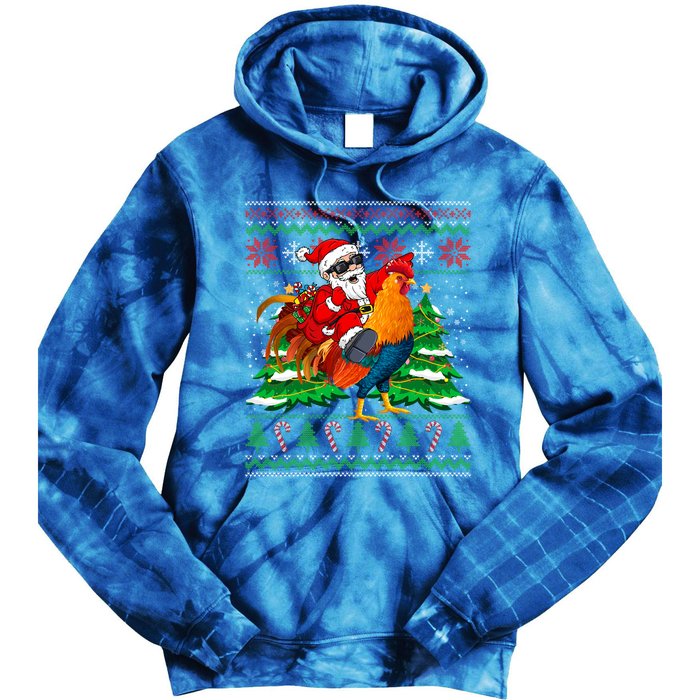 Santa With Rooster Christmas Tree Farmer Ugly Xmas Sweater Gift Tie Dye Hoodie