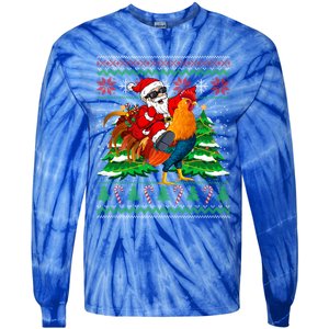 Santa With Rooster Christmas Tree Farmer Ugly Xmas Sweater Gift Tie-Dye Long Sleeve Shirt