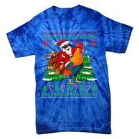 Santa With Rooster Christmas Tree Farmer Ugly Xmas Sweater Gift Tie-Dye T-Shirt