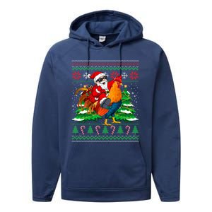 Santa With Rooster Christmas Tree Farmer Ugly Xmas Sweater Gift Performance Fleece Hoodie