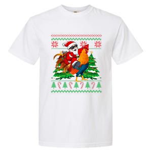 Santa With Rooster Christmas Tree Farmer Ugly Xmas Sweater Gift Garment-Dyed Heavyweight T-Shirt