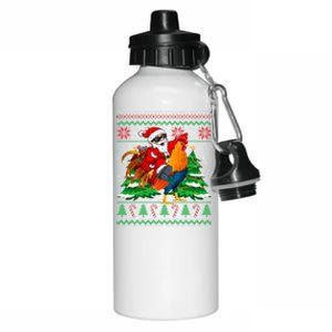 Santa With Rooster Christmas Tree Farmer Ugly Xmas Sweater Gift Aluminum Water Bottle