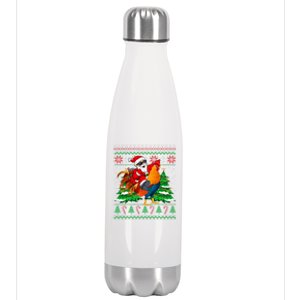 Santa With Rooster Christmas Tree Farmer Ugly Xmas Sweater Gift Stainless Steel Insulated Water Bottle