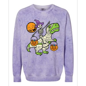 Skeleton Witch Riding Mummy Dinosaur Halloween Spooky Night Gift Colorblast Crewneck Sweatshirt