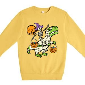 Skeleton Witch Riding Mummy Dinosaur Halloween Spooky Night Gift Premium Crewneck Sweatshirt