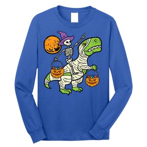 Skeleton Witch Riding Mummy Dinosaur Halloween Spooky Night Gift Long Sleeve Shirt