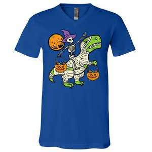 Skeleton Witch Riding Mummy Dinosaur Halloween Spooky Night Gift V-Neck T-Shirt